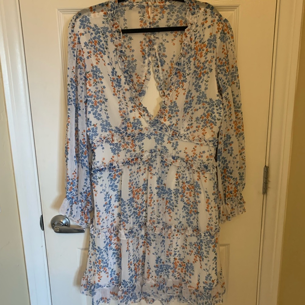 V Neck Long Sleeve Open Back Printed Mini Dress - Picture 7 of 8